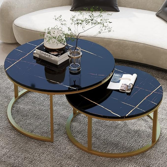 WiberWi Round Coffee Table Nesting Tables Set of 2, Large : Ø 34.0", Small : Ø 26.0", Modern Design Coffee Tables for Living Room, Gold Metal Frame Circle Cocktail Table, High Glossy Faux Black Marble