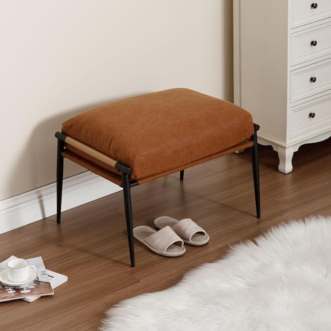 LukeAlon Upholstered PU Leather Footstool, Modern Ottoman Footrest Small Shoe Stool with Black Metal Legs Mid Century Vanity Stool with Armrests for Living Room Entrance Cushion Removable, Brown