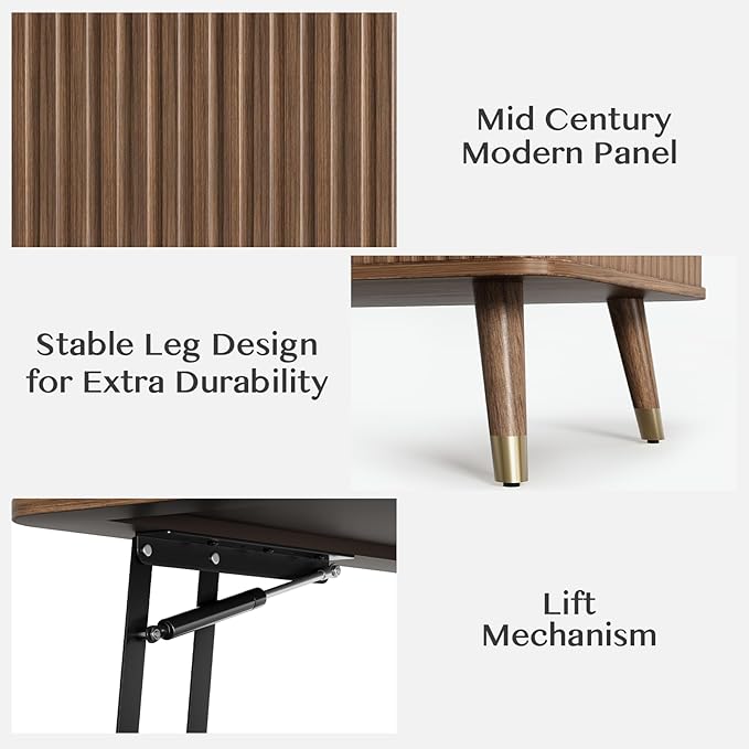 Lift Top Coffee Table with Storage Shelf & Hidden Compartment, Mid Century Modern Fluted Rectangle Dining Table for Living Room, Home Office, Walnut