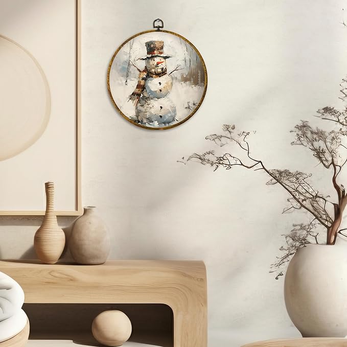 CUANFDDSF Vintage Winter Christmas Snowman Round Wall Art Decor, Cozy Winter Rustic Snowman Wall Hanging Frame Decor, Retro Christmas Canvas Prints Decorations for Home Bedroom Living Room, 10x10 Inch