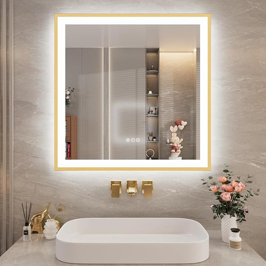 36x36 LED Mirror for Bathroom with Gold Frame, Backlit and Front Lighted Bathroom Mirrors for Wall, Stepless Dimmable Vanity Mirror with Lights, Anti-Fog, Memory,Shatterproof