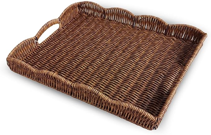 Serving Tray with Scalloped Edge, Rectangular Wicker Tray with Handles, Ideal for Breakfast or Meals in Bed and on Sofa, Decorative Coffee Table Tray to Enhance Dining (Coffee Brown)