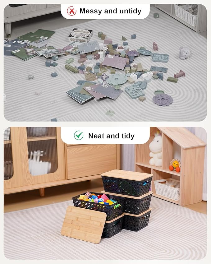 Storage Bins with Lids 8 Packs, Plastic Storage Bins with Bamboo Lids for Pantry Organization and Storage Containers for Shelves Drawers Desktop Closet Playroom Classroom Office Home, Black