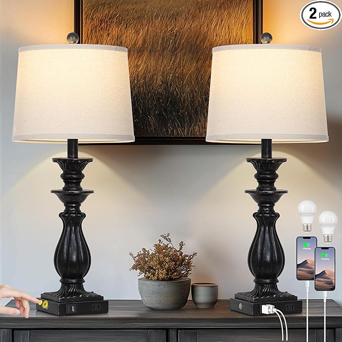 28" Farmhouse Table Lamps Set of 2 for Living Room, 3 Way Dimmable Bedside Lamp with USB C+A Ports & AC Outlet, Resin Vintage Tall Nightstand Lamps for Bedroom Office Hallway, Black