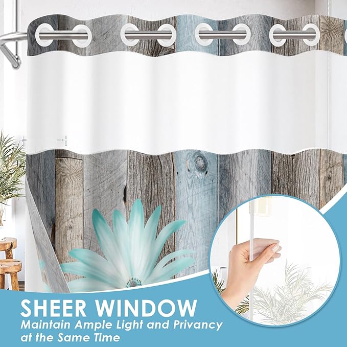 No Hook Rustic Farmhouse Shower Curtain with Snap in Fabric Liner Set, Teal Daisy Flowers and Butterfly on Wooden Double Layers Waterproof with See Through Top Bath Curtain 54x80 Inch