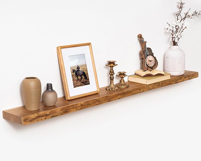 Marsmiles 55 inch Floating Shelves for Wall Elm Wood Live Edge Shelves Wall Mounted|Rustic Long Floating Shelves with Invisible Bracket for Bathroom Living Room Kitchen|Natural, 1 Pack