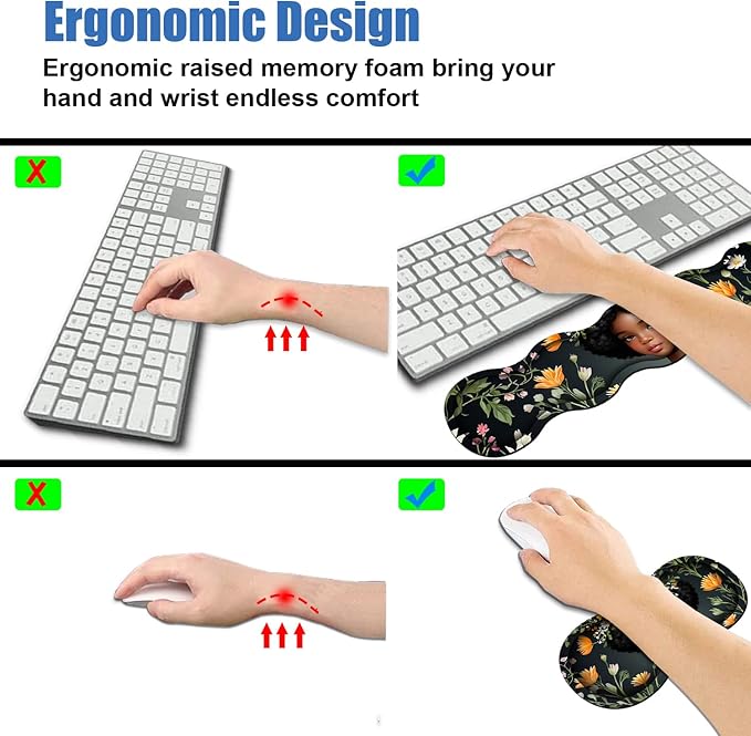 4 in 1 Ergonomic Memory Foam Mouse Pad Wrist Rest Set, Large XXL Gaming Desk Pad + Keyboard Wrist Rest + Mouse Wrist Cushion + Coaster for Home Office Study Gaming, African American Black Girl
