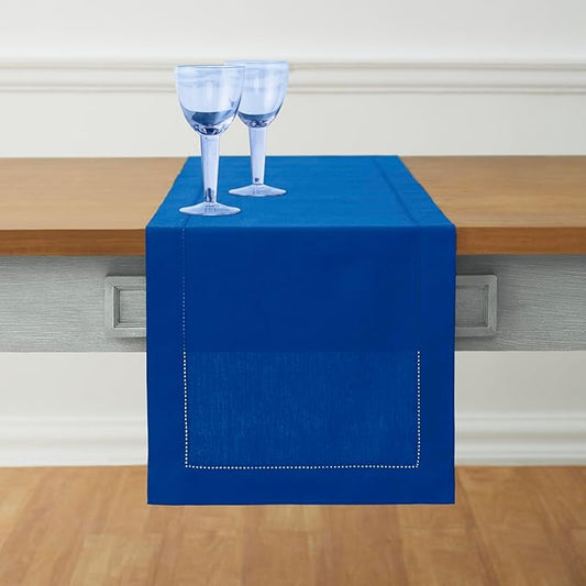 Solino Home Blue Hemstitch Table Runner 36 Inches - Cotton Linen Small Table Runner 14 x 36 Inch Ideal for Dresser and Coffee Tables - Christmas