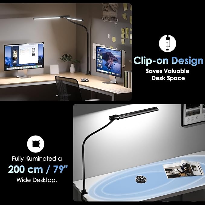 Desk Lamp with Clamp, 31.5" LED Desk Lamp for Home Office, 24W Gesture Sensing Control Desk Light, Dimmable & Color Temperature, Eye-Caring Office Lamp, Brightest Architect Lamp for Screen