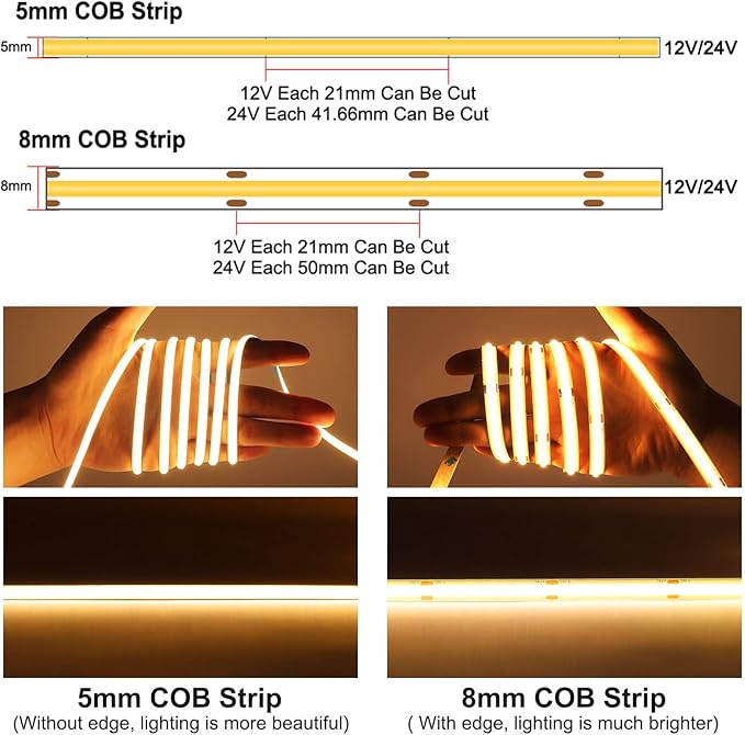 High Bright Cold Blue COB LED Light Strip Decorative Self Adhesive LED Tape DC 24V 480LEDs/m 16.4FT/5M CRI 90 Ribbon Lights for Home Kitchen Bedroom Bar Decor (DC24V, Without Power Supply)