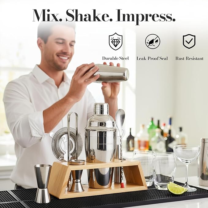 Cocktail Shaker Set Bartender Kit with Bamboo Stand – Professional Martini Shaker, Premium Stainless Steel Shaker Bottle, Complete Bar Accessories Gift Set and Mixology Kit for Home Bar & Drink Mixing