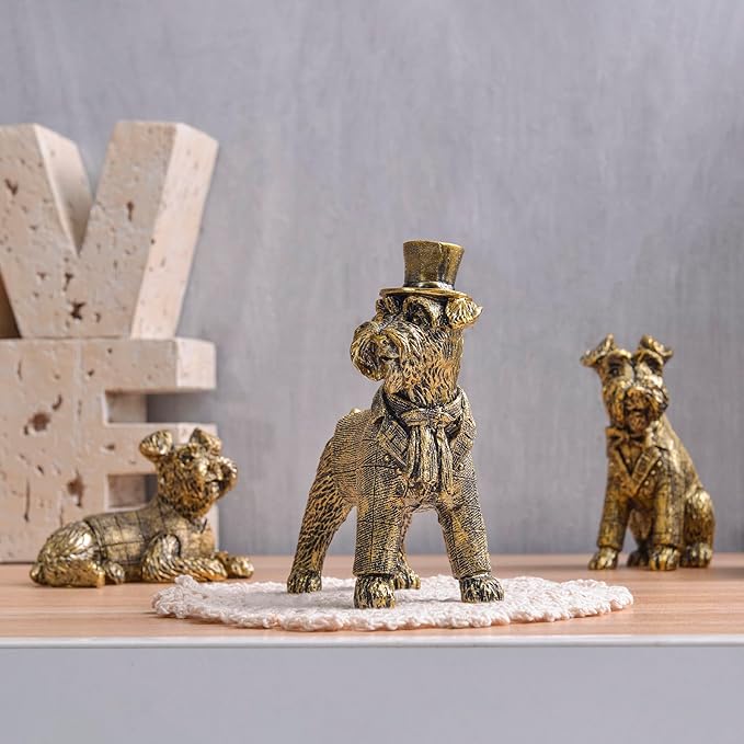 Vintage Gold Dog Figurines Home Decor,Resin Small Animal Statue Set of 3,Modern Coffee Table Figurine for Living Room Desk Home Bookshelf Shelves Collectible Figurines,Gifts for Mom Women