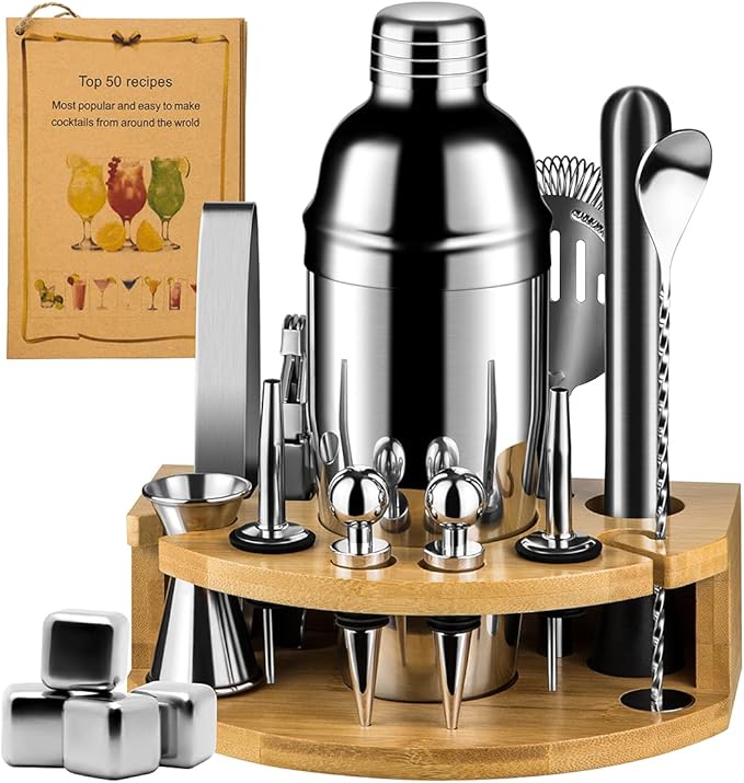 Cocktail Shaker Set with Stylish Stand, 25oz 17 Pieces Bartender Kit Professional Stainless Steel Bar Tool Set for Mixed Drink, Gift for Man Dad, Father's Day, Christmas Day