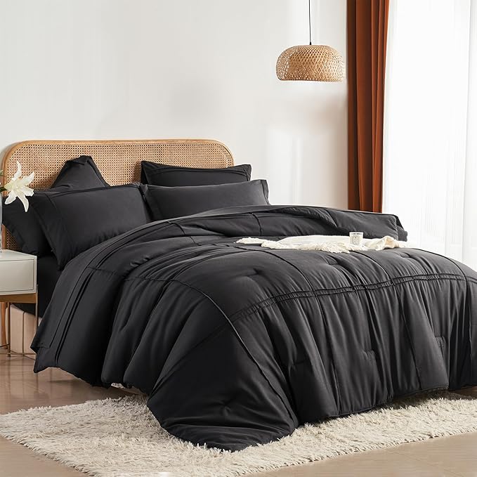 Yogeneg Full Size Comforter Set 7 Piece Bed in a Bag,Grid Pinch Pleat Black Bedding Set,Striped Textured Soft Microfiber Comforter with Sheet Set,All Season Complete Bed Set(Black,Full)