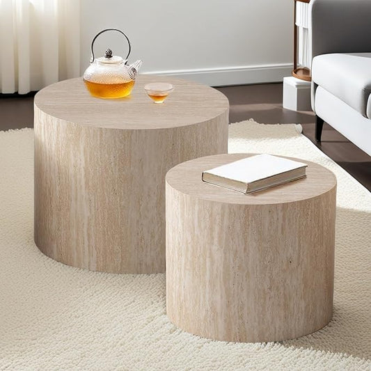 Modern Round Nesting Coffee Table Set of 2, Vertical Stripe Design Drum Coffee Table Cocktail Table, Round Side Table for Living Room, Bedroom, Office, Balcony (B14.6+18.1")