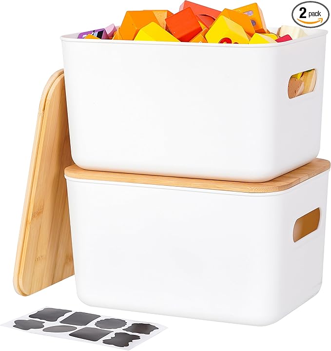 Citylife 2 Packs Plastic Storage Bins with Bamboo lids Stackable Storage Containers for Organizing, Bundled with Labels and Marker 10.24 x 7.01 x 6.1 inch