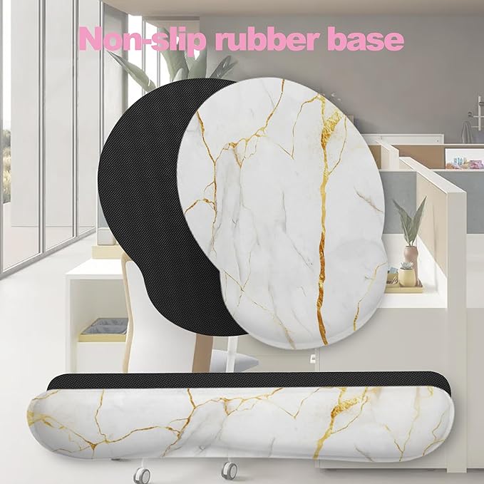 White Gold Flowing Marble Mouse Pad with Wrist Rest and Keyboard Wrist Rest Set, Non-Slip Rubber Base Memory Foam Mouse Pad Set for Women, Office Desk Accessories, Gaming