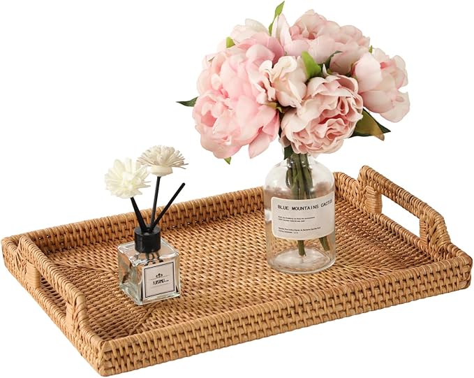14.5'' Rattan Serving Tray Rectangle with Handles, Vintage Wicker Tray for Decor, Boho Seagrass Coffee Table Basket, Hand Woven Decorative Table Tray for Kitchen, Breakfast, Bathroom, Outdoor