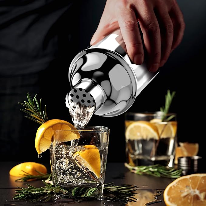 IOV Cocktail Shaker Bar Set, 24oz Martini Shaker with Built-in Strainer, Bar Tool Kit with Recipes Booklet, Professional Stainless Steel Large Bartender Drink Shaker Margarita Alcohol Mixer- Silver