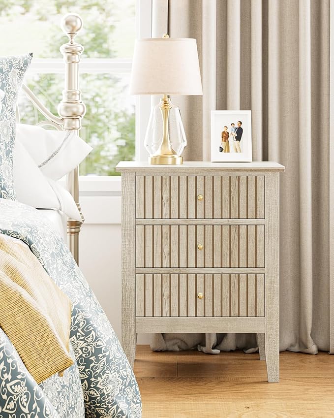 Night Stand, Fluted Nightstand Bedside Tall Farmhouse Nightstand with 3 Drawers, Mid Century Modern Side Accent Table,Bedside End Table for Bedroom, Living Room, Beige