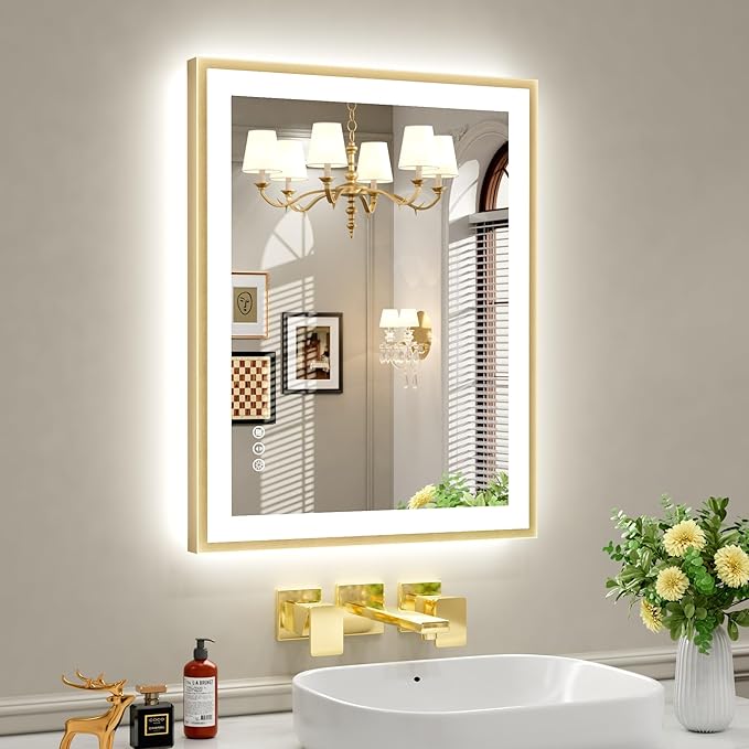 24x30 LED Bathroom Mirror with Gold Frame, Backlit and Fron Light, Anti-Fog, Dimmable, Memory Function, Shatterproof, LED Vanity Mirror for Bathroom(Horizontal/Vertical Hangs)