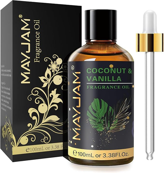 MAYJAM 100ML/3.38FL.OZ Coconut & Vanilla Fragrance Oils with Glass Dropper, Essential Oils for Diffusers for Home, Long Lasting Scented Oils for Diffusers Soap Candle Making