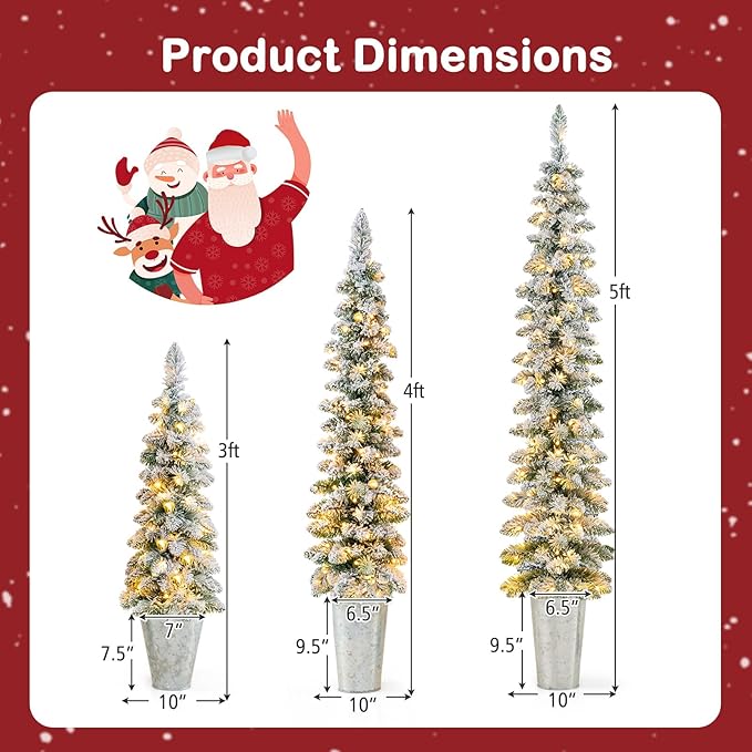 GOFLAME Set of 3 Pre-Lit Potted Christmas Trees, Snow Flocked Pencil Christmas Tree Set 3Ft, 4Ft and 5Ft with Warm White LED Lights, 8 Lighting Modes, Timer, Holiday Decoration Tree for Home Party