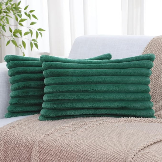 decorUhome Faux Fur Christmas Throw Pillow Covers 12x20 Set of 2, Decorative Soft Plush Striped Neutral Couch Euro Pillow Covers with Velvet Back for Sofa, Bed, Living Room Home Decor, Christmas Green