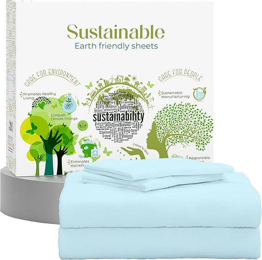 SUPREME ELEGANCE Queen Sheet Set – Natural 100% Long Staple Cotton Percale Sheets Queen Size Bed Set, Deep Pocket Snug Fit, Oeko-tex Made in Green Sustainable Hotel Quality Bedding, Sky Blue