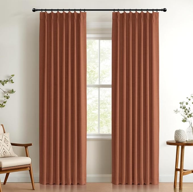 100% Blackout Shield Linen Look Textured Pinch Pleated Curtains Blackout Drapes 102 Inch Long 2 Panels Set, Faux Linen Blackout Curtains for Bedroom & Living Room, 40" W x 102" L, Burnt Orange