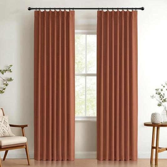 100% Blackout Shield Linen Look Textured Pinch Pleated Curtains Blackout Drapes 102 Inch Long 2 Panels Set, Faux Linen Blackout Curtains for Bedroom & Living Room, 40" W x 102" L, Burnt Orange