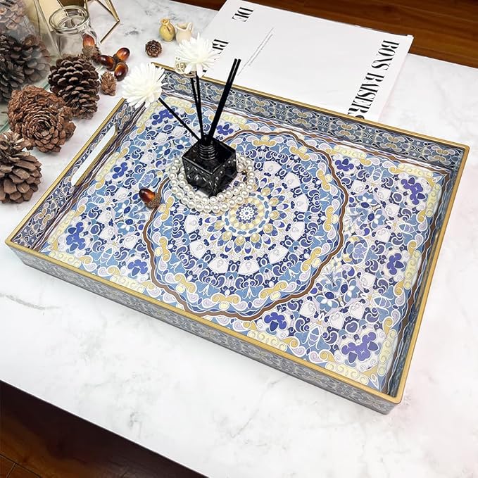 Boho Decorative Tray, Modern Blue Serving Tray with Handles, Ottoman Trays Set of 2, Plastic Coffee Table Tray for Living Room, Bathroom, Kitchen, Decor, Large 15.7”*11.8”, Small 13.7"*9.8"