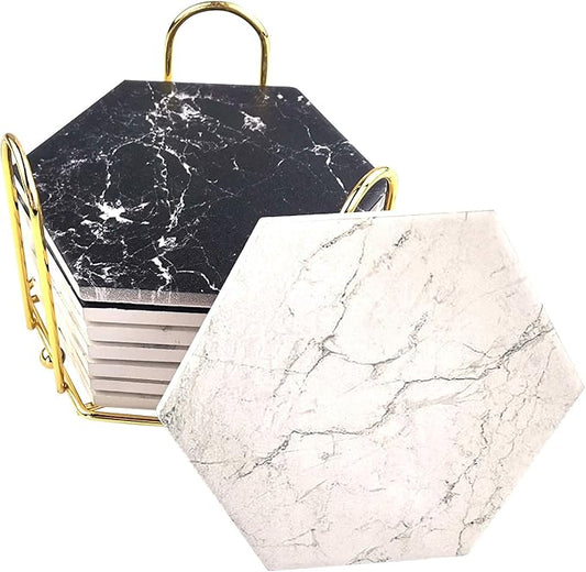 8 Pcs Drink Coasters with Metal Holder Stand, Marble Design Ceramic Coaster Set, Cork Base, for Tabletop Protection, Home Decor, Bar Coasters (Black+White)