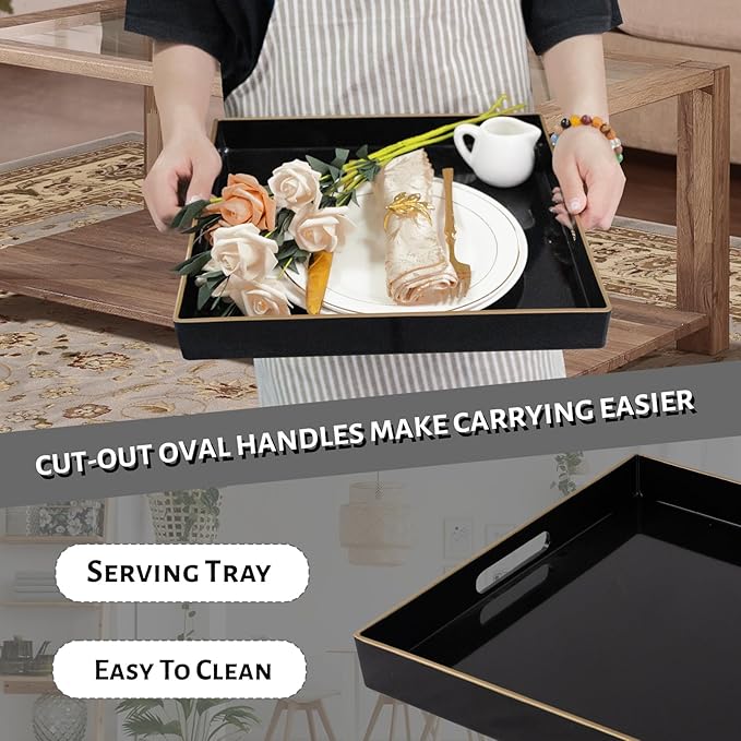 MAONAME Decorative Tray, Black Serving Tray with Handles, Coffee Table Trays, Square Plastic Trays for Ottoman, Bathroom, Kitchen, 13"x13"x1.57"