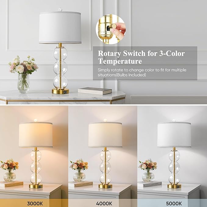 Set of 2 Table Lamps for Living Room Glass Triple-Sphere 27" Tall Table Lamp Contemporary Bedside Desk Nightstand Lamp for Bedroom Living Room Office, Clear Glass/Gold