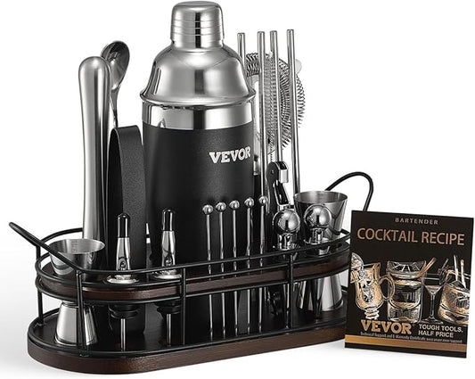 VEVOR Cocktail Shaker Set, 23-Piece Stainless Steel Bar Tools with Bamboo Stand, Martini Bartender Kit Accessories | Mixer Spoon, Muddler, Jiggers, Strainer, Liquor Pourers, Ice Tong, Corkscrew