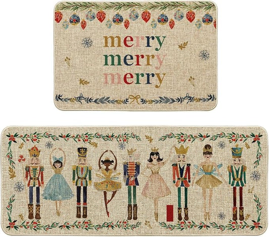 Artoid Mode Watercolor Nutcrackers Merry Christmas Decorative Kitchen Mats Set of 2, Home Party Low-Profile Kitchen Rugs - 24x35 and 24x59 Inch