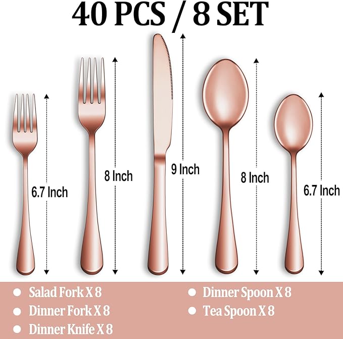 40 Pcs Rose Gold Silverware Set Service for 8, Premium Stainless Steel Flatware Set, Cutlery Utensil Set, Durable Home Kitchen Eating Tableware Set, Include Fork Knife Spoon Set, Dishwasher Safe