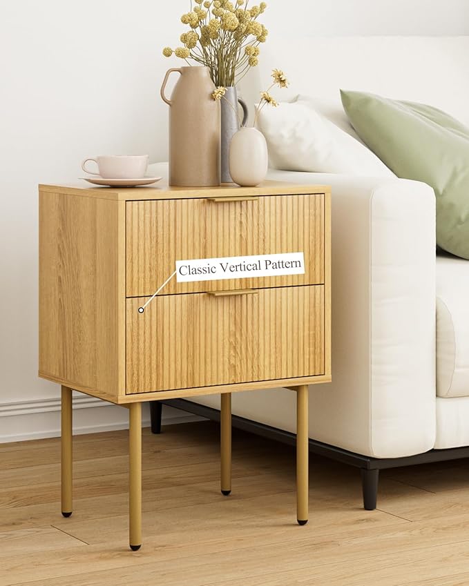 Masupu Night Stand,Mid-Century Modern Bedside Table with 2 Storage Drawer,Small Gold Frame Side End Table for Bedroom,Living Room, Natural