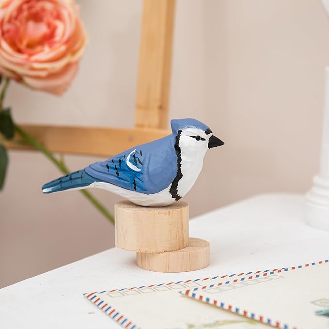 Handmade Wooden Blue Jay Bird Figurine – Backyard Blue Jay Home Decor, Cute Jay Knick-Knack for Bird Lovers, Unique Gift for Women, Mom, Friends – Rustic Nature Home Ornament