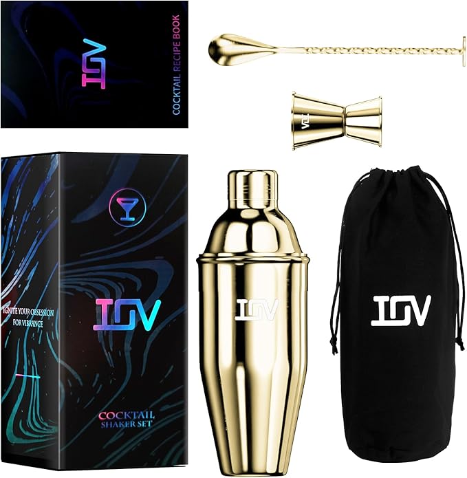 IOV Cocktail Shaker Bar Set, 24oz Martini Shaker with Built-in Strainer, Bar Tool Kit with Recipes Booklet, Professional Stainless Steel Large Bartender Drink Shaker Margarita Alcohol Mixer- Gold