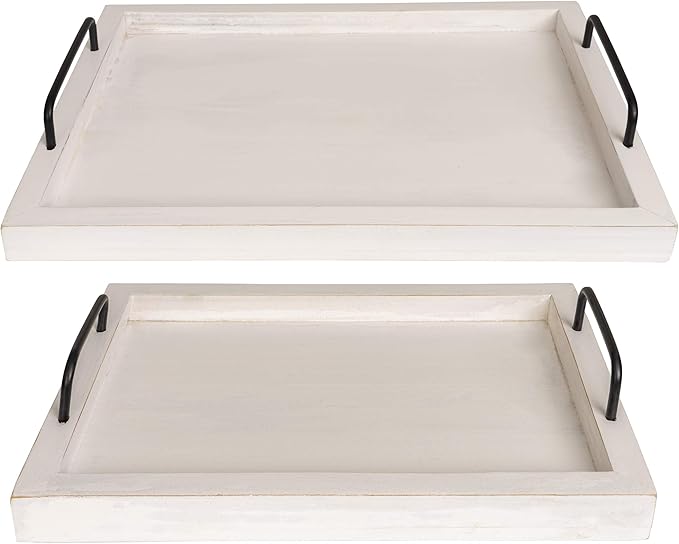 Besti Rustic Vintage Food Serving Trays (Set of 2) | Nesting Wooden Board with Handles | Stylish Farmhouse Decor Serving Platters | Large: 15 x2 x11” - Small: 13 x2 x9” inches (Rustic Off White)