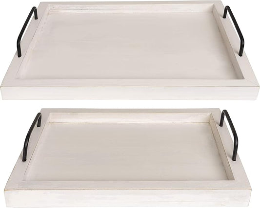 Besti Rustic Vintage Food Serving Trays (Set of 2) | Nesting Wooden Board with Handles | Stylish Farmhouse Decor Serving Platters | Large: 15 x2 x11” - Small: 13 x2 x9” inches (Rustic Off White)