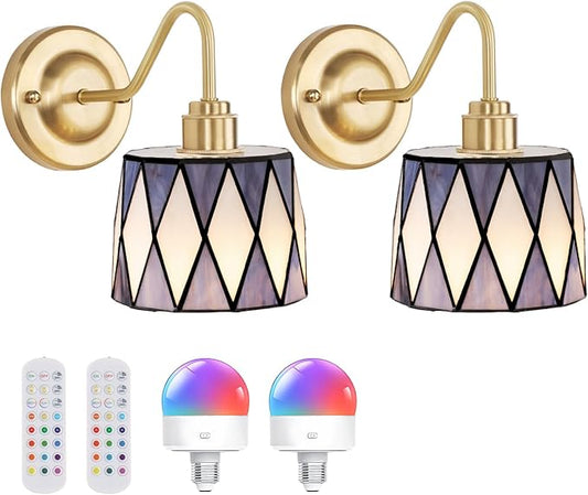 Vintage Battery Operated Wall Sconce Set of 2, 5000mAh Rechargeable Wall Lamp 12 RGB Colors Dimmable, Gold Lights Fixture for Bedroom Bathroom Living Room Hallway Twilight Blue Checker