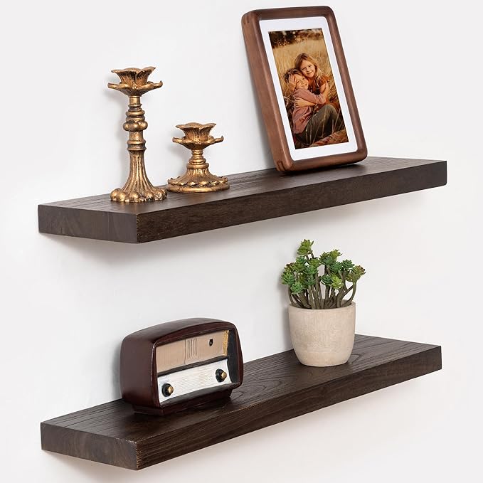 Marsmiles 24 inch Floating Shelves for Wall Solid Elm Wood Shelves|Rustic Wall Shelves with Invisible Heavy-Duty Bracket for Bathroom Living Room Kitchen|Walnut, 2 Pack