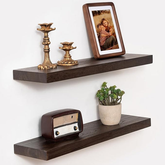 Marsmiles 24 inch Floating Shelves for Wall Solid Elm Wood Shelves|Rustic Wall Shelves with Invisible Heavy-Duty Bracket for Bathroom Living Room Kitchen|Walnut, 2 Pack