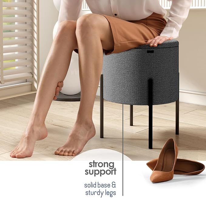 STORAGEBUD Round Ottoman with Storage, Boucle Storage Foot Stool, Makeup Vanity Stool, Small Ottoman Foot Rest, Modern Ottomans for Living Room and Bedroom, Grey