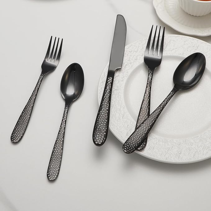 Black Hammered Silverware Set, 20 Piece Stainless Steel Heavy Duty Flatware Set for 4, Food-Grade Tableware Cutlery Set for Home Restaurant, Mirror Polished, Dishwasher Safe