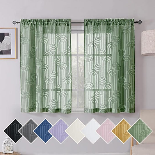 Simplebrand Sage Green Sheer Curtains, 42W x 45L Inches, 2 Panels, Geometric Mid Century Jacquard Clip Textured, Light Filtering, Rod Pocket, Bedroom, Living Room