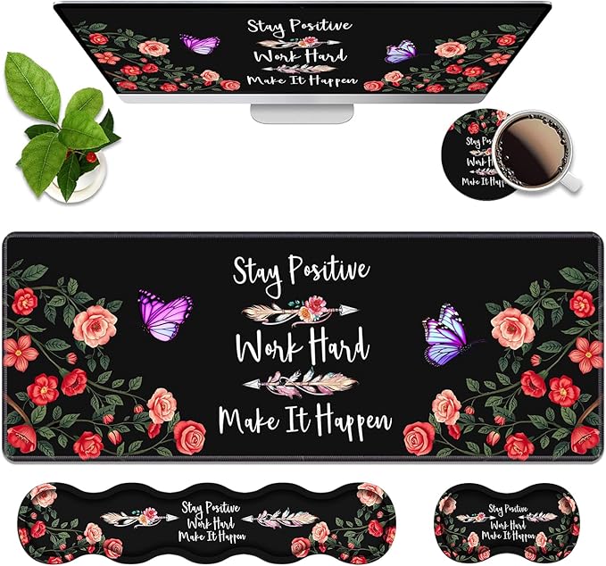 Ergonomic Memory Foam Mouse Pad Wrist Rest Set,Stay Positive Work Hard and Make It Happen Inspirational Quote Large Desk Pad + Keyboard Wrist Rest + Mouse Wrist Cushion + Coaster for Home Office Study
